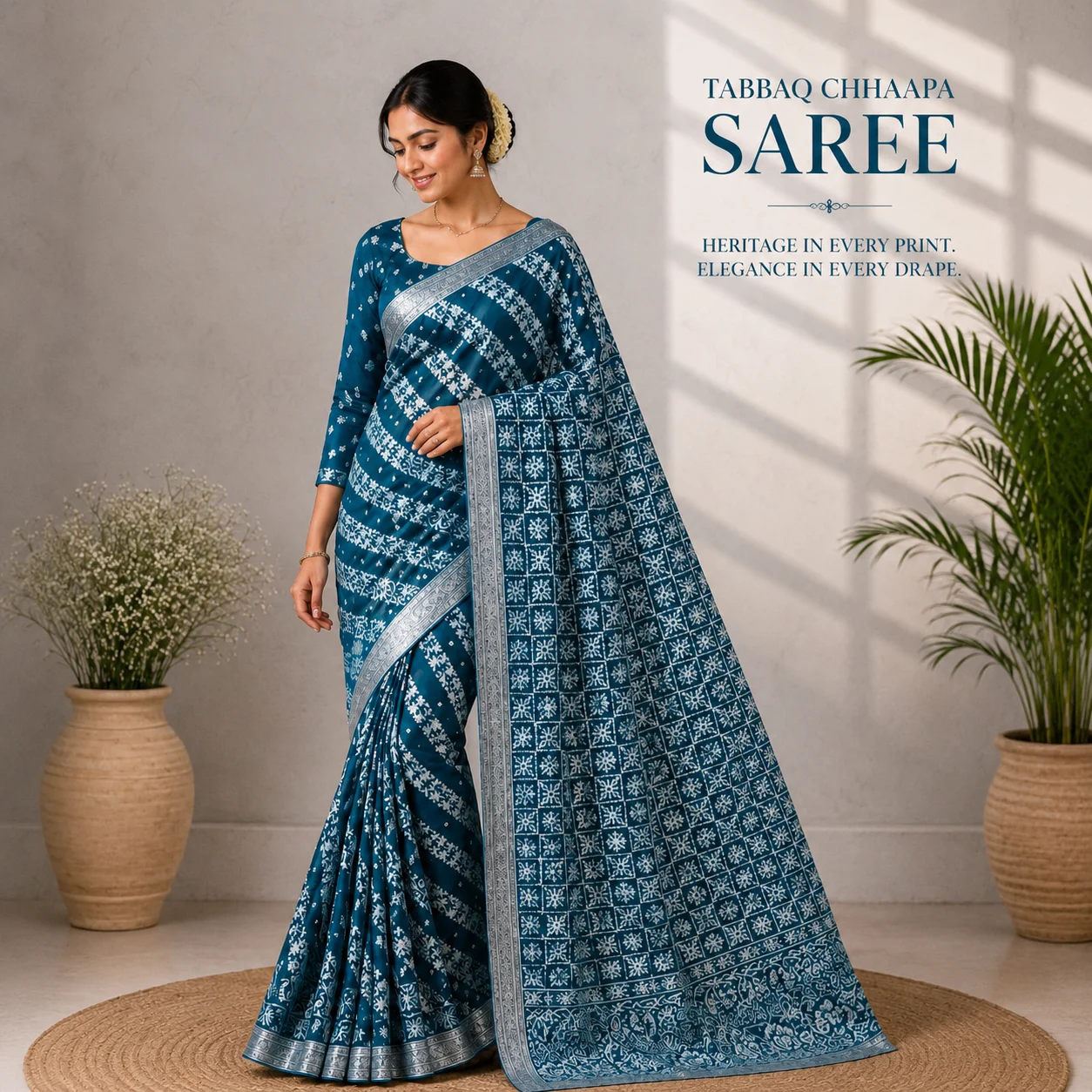 Blue Tabbaq Chhaapa Saree with traditional white print and designer border