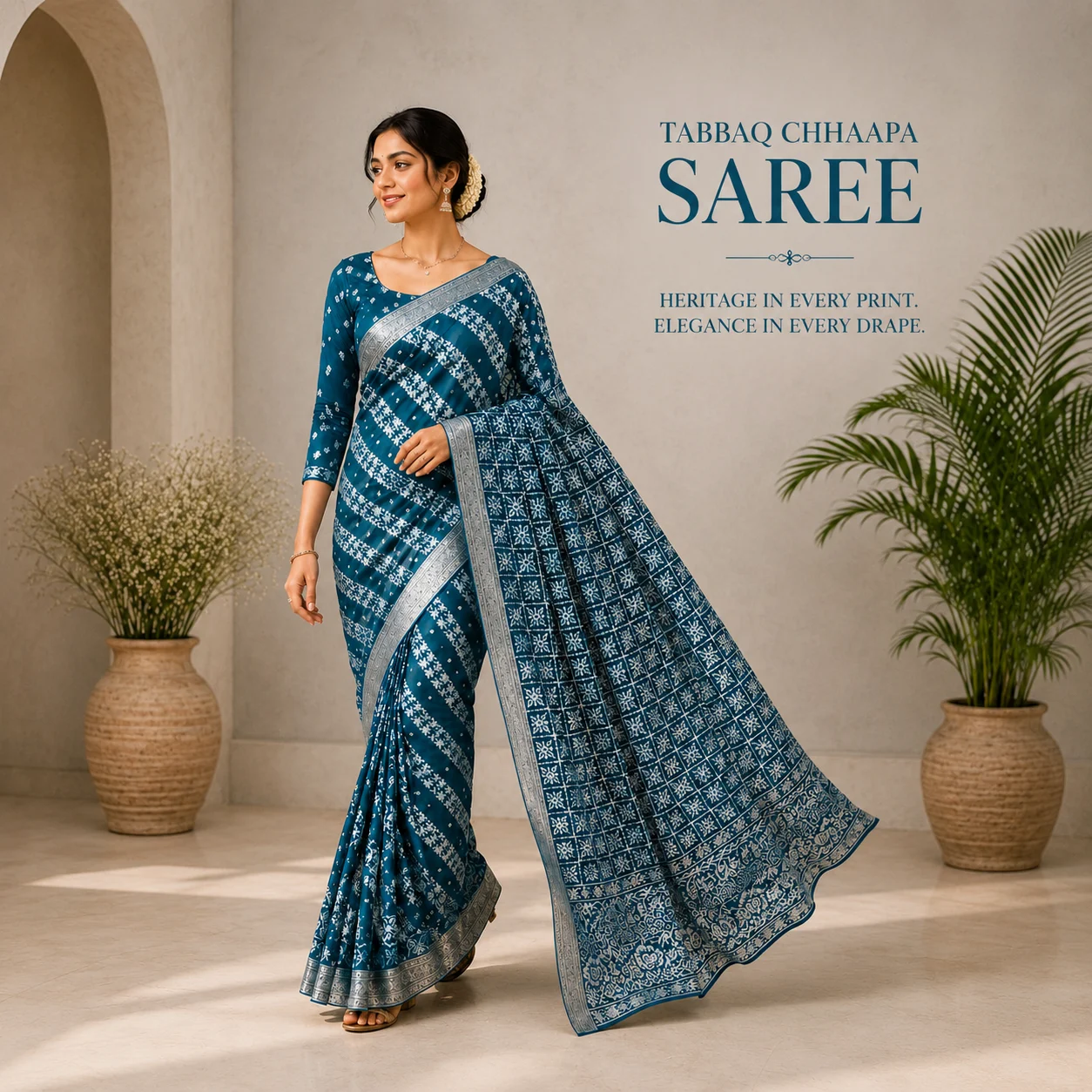 Blue Tabbaq Chhaapa Saree with traditional white print and designer border