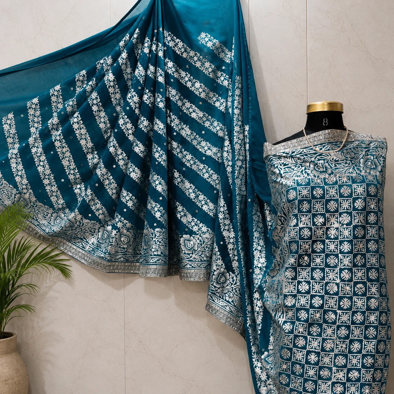 Blue Tabbaq Chhaapa Saree with traditional white print and designer border