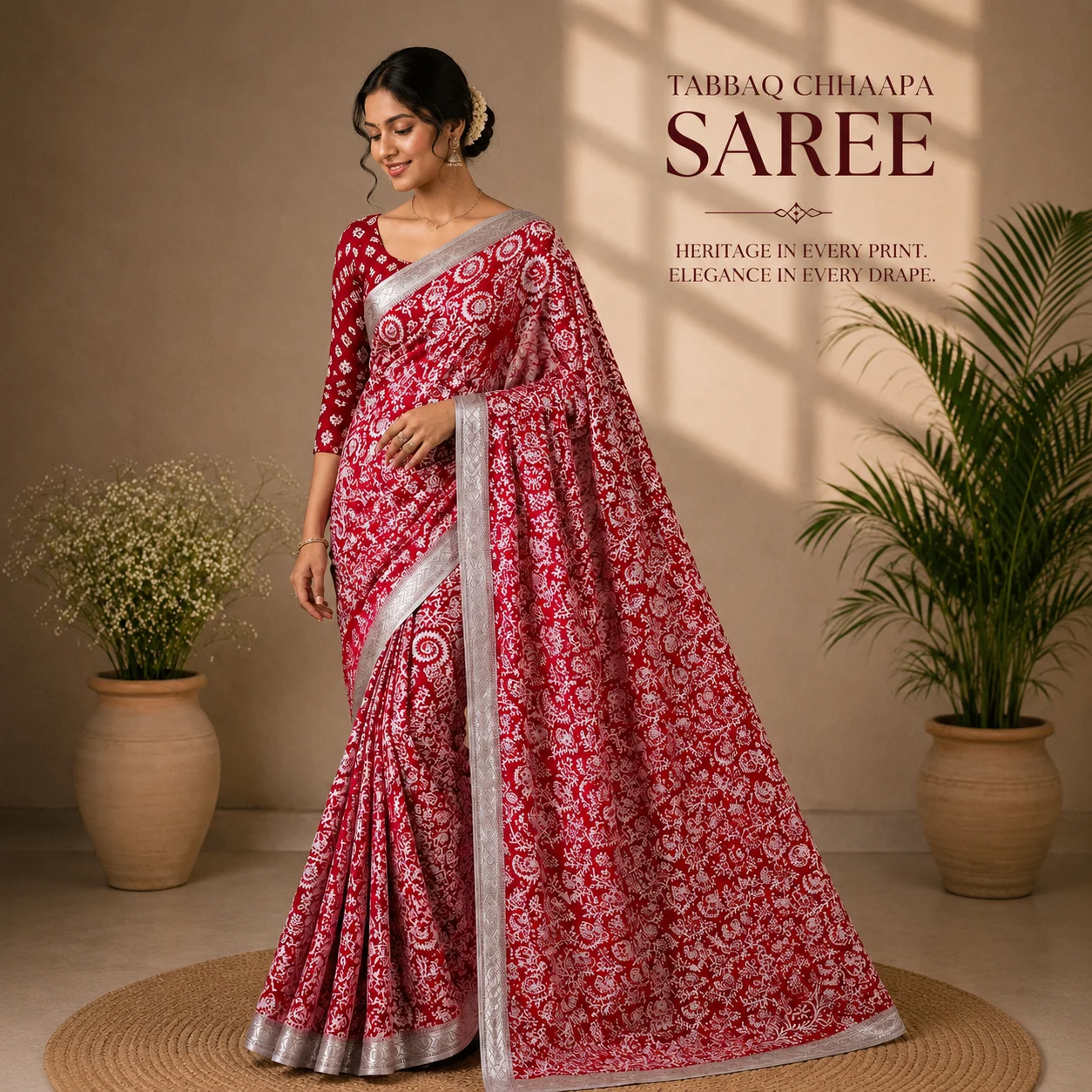 Red Kaccha Chhaap Saree with silver zari lace border in georgette fabric