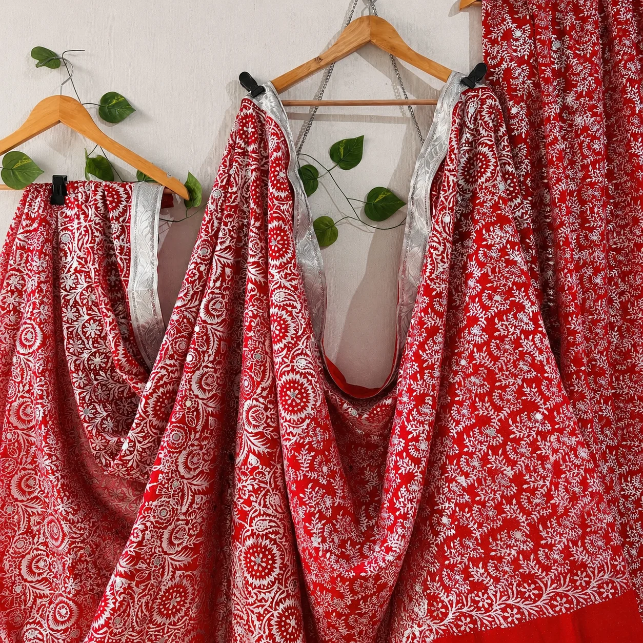 Red Kaccha Chhaap Saree with silver zari lace border in georgette fabric