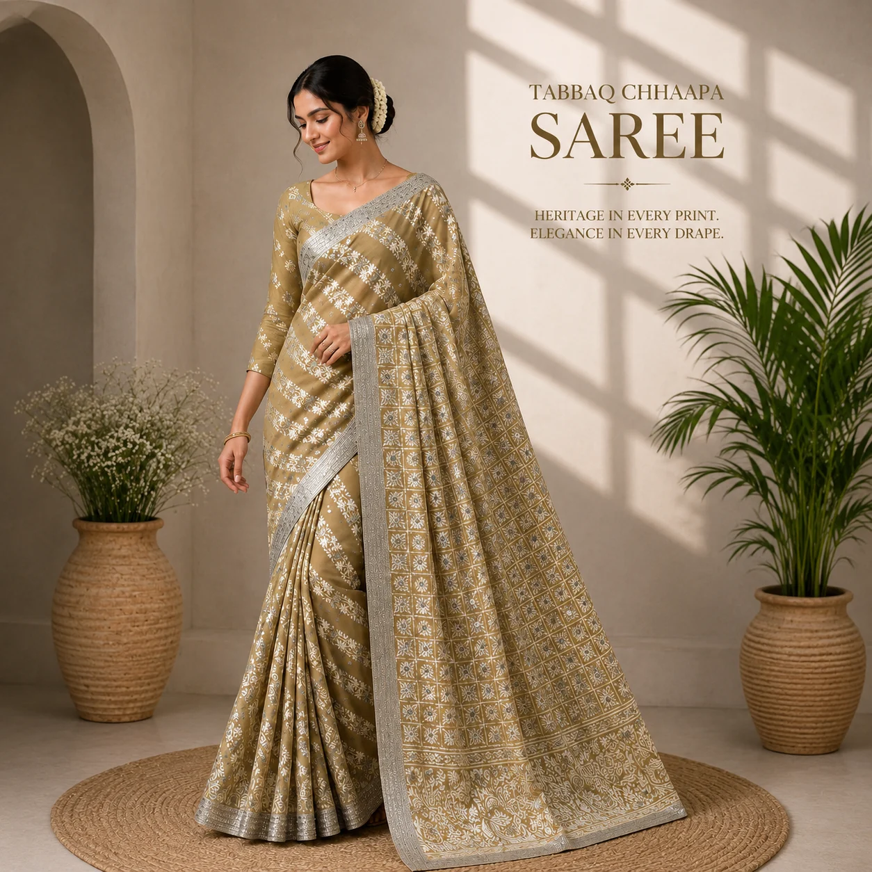 Muted Mehendi Yellow Tabbaq Chhaapa Saree with silver zari lace border
