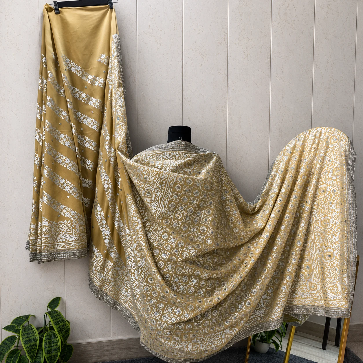Muted Mehendi Yellow Tabbaq Chhaapa Saree with silver zari lace border