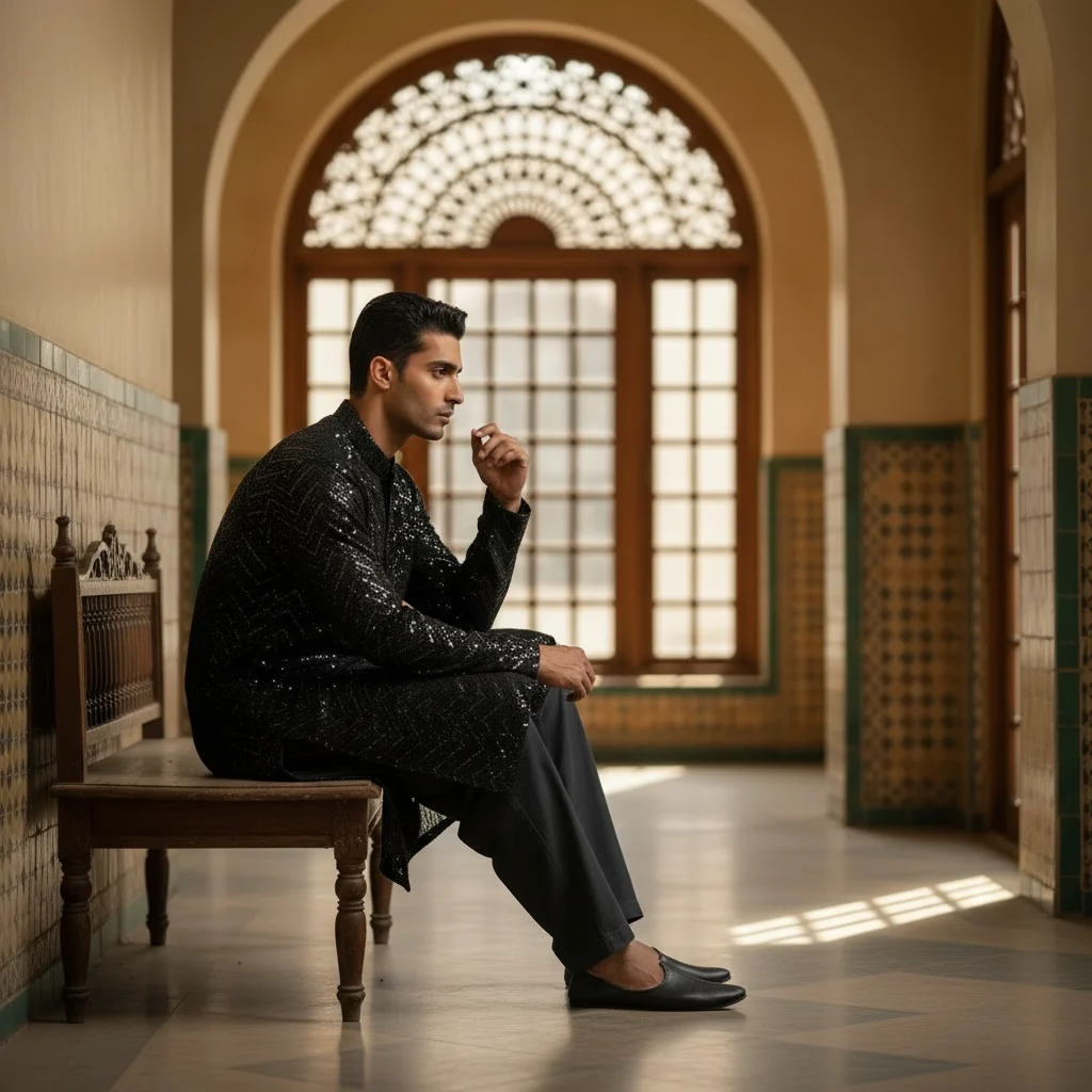 Unstitched Black Rayon Sequin Kurta