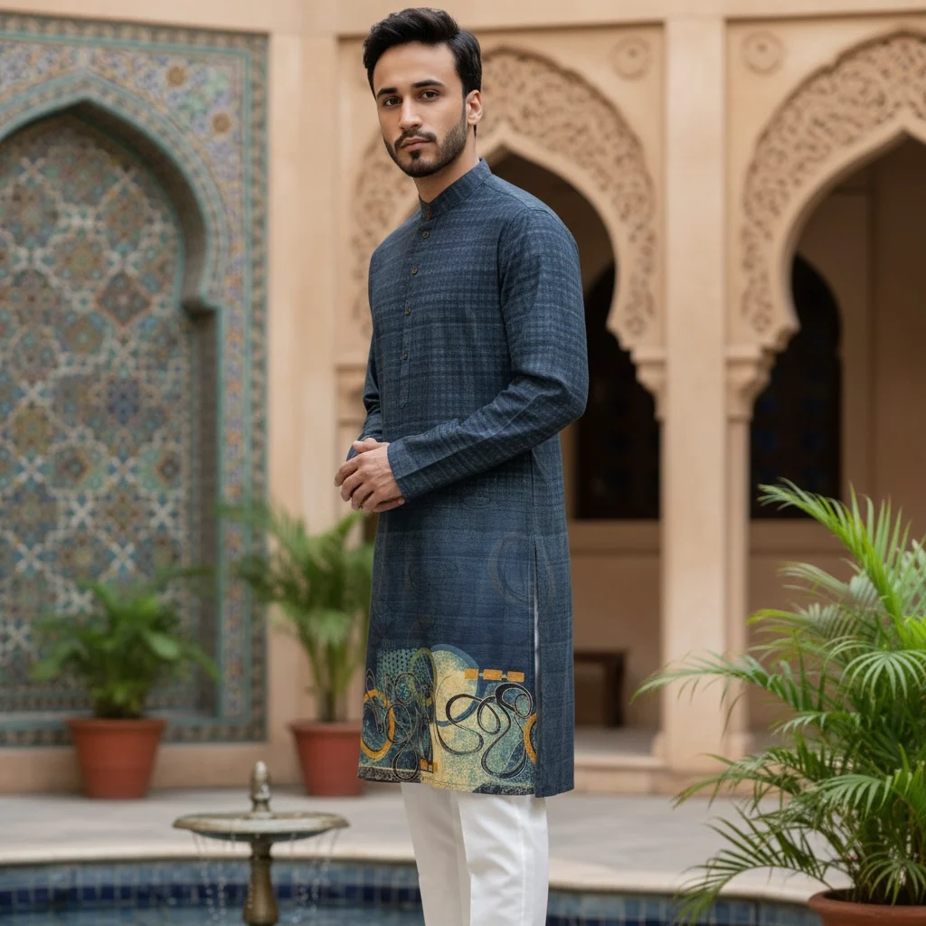 Midnight Teal Blue Cotton Kurta Fabric in Pure Cotton with Artistic Festive Print – Unstitched Kurta Material for Men