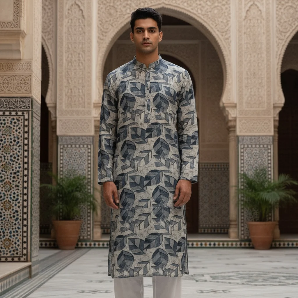 Slate Stone Grey Cotton Printed Kurta Fabric – Premium Unstitched Modern Ethnic Kurta Material for Men