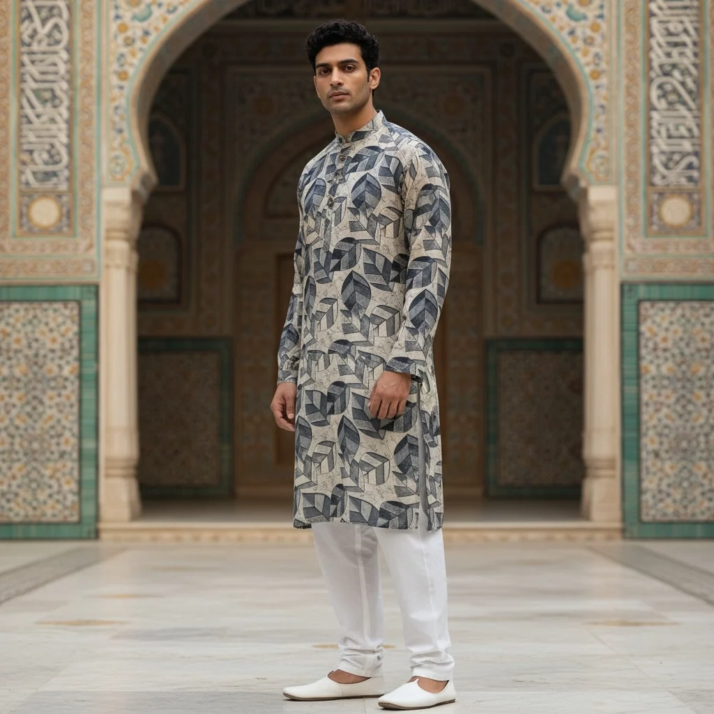 Slate Stone Grey Cotton Printed Kurta Fabric – Premium Unstitched Modern Ethnic Kurta Material for Men