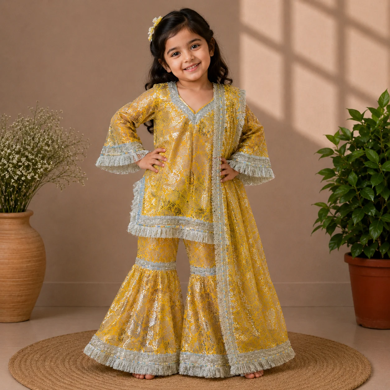 Yellow Sharara Garara for Baby Girls with dupatta in net fabric