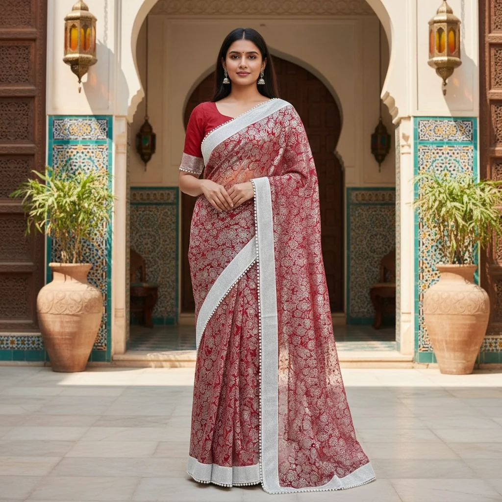 Rich Maroon Net Chhaapa Saree