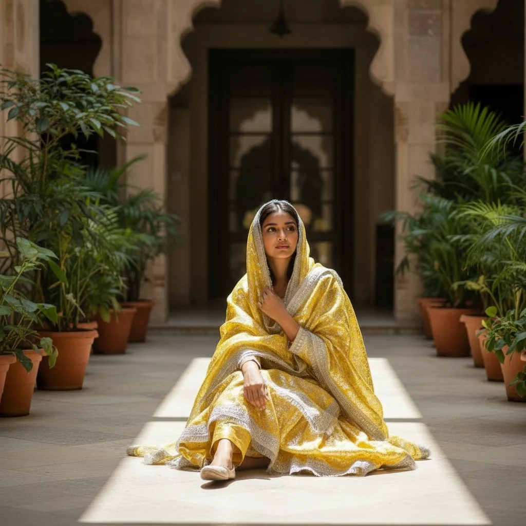 Yellow Net Chhaapa Sharara For Haldi