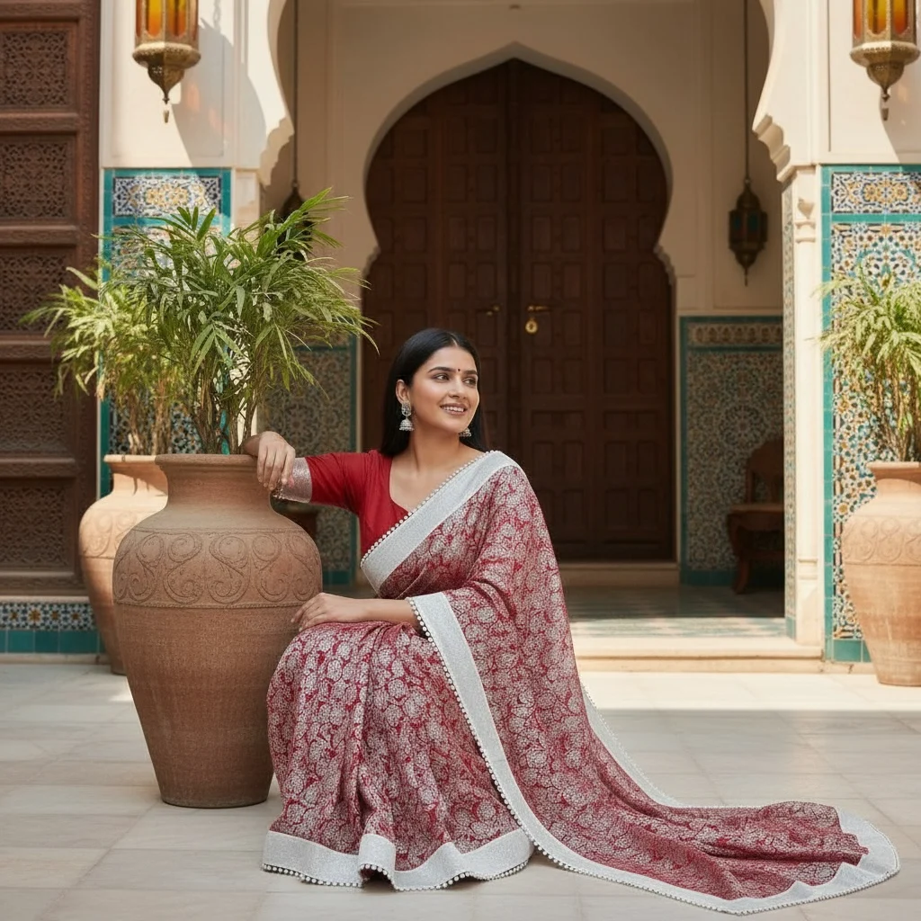 Rich Maroon Net Chhaapa Saree