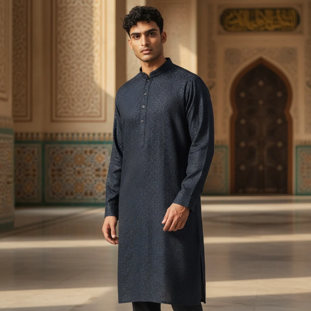premium navy blue jacquard kurta fabric for men