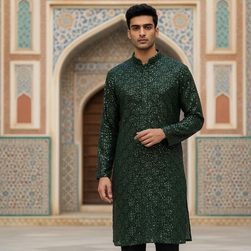 chikankari velvet kurta fabric for men in bottle green color