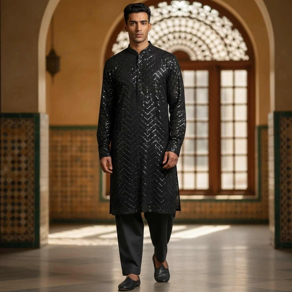 Unstitched Black Rayon Sequin Kurta