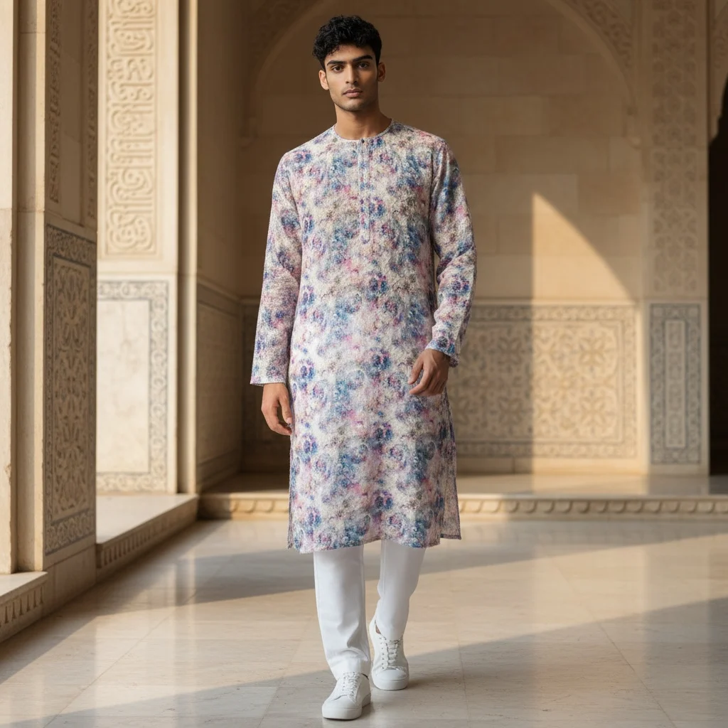 cotton silk chikankari kurta fabric for men