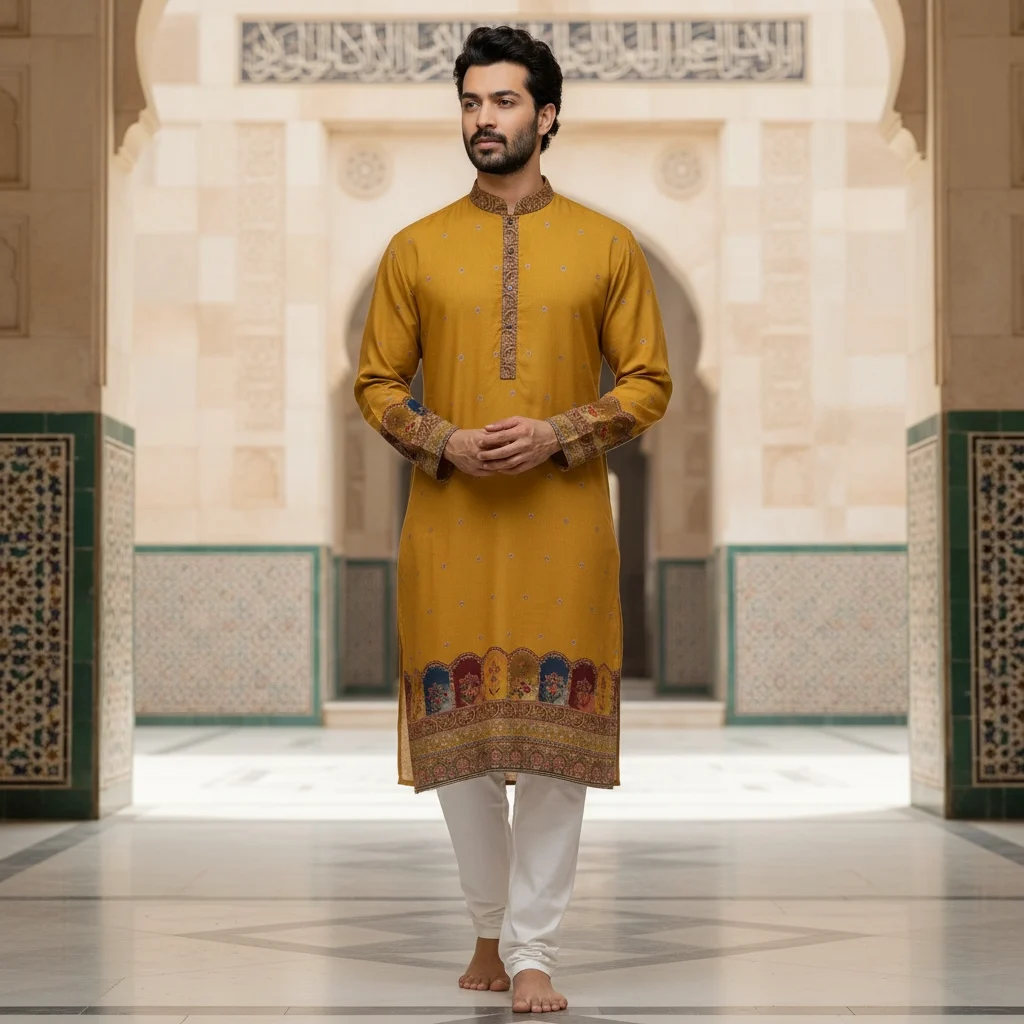 Yellow cotton silk kurta fabric for men – designer festive wear