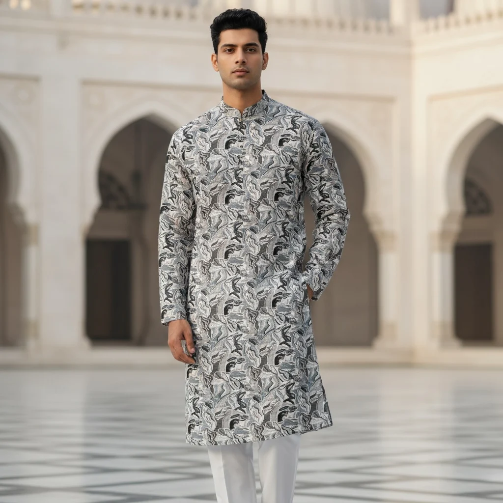Ivory Grey Abstract Cotton Silk Kurta Fabric