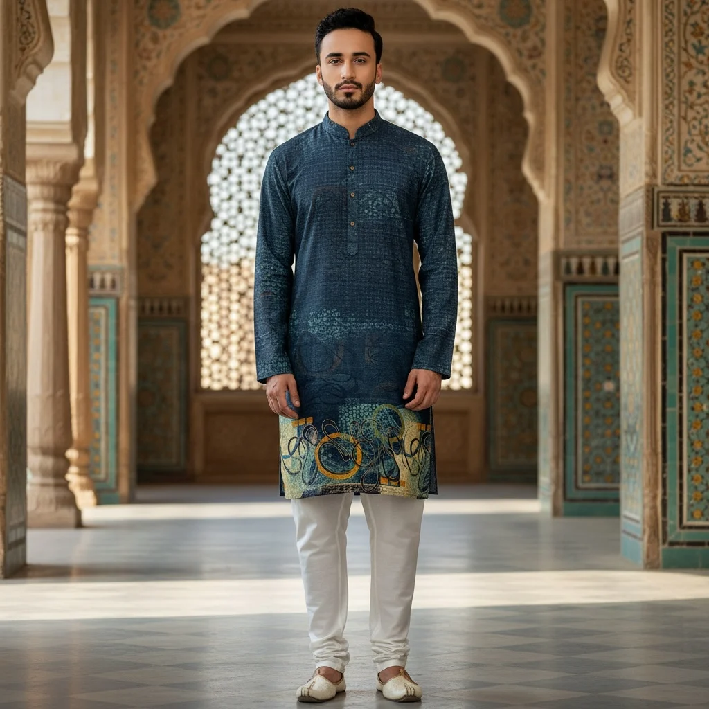Midnight Teal Blue Cotton Kurta Fabric in Pure Cotton with Artistic Festive Print – Unstitched Kurta Material for Men