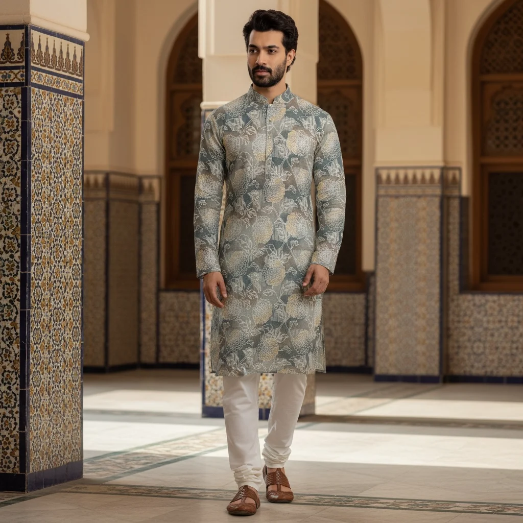 Dusty Steel Blue Cotton Kurta Fabric with Elegant Floral Print – Pure Cotton Unstitched Kurta Material for Men