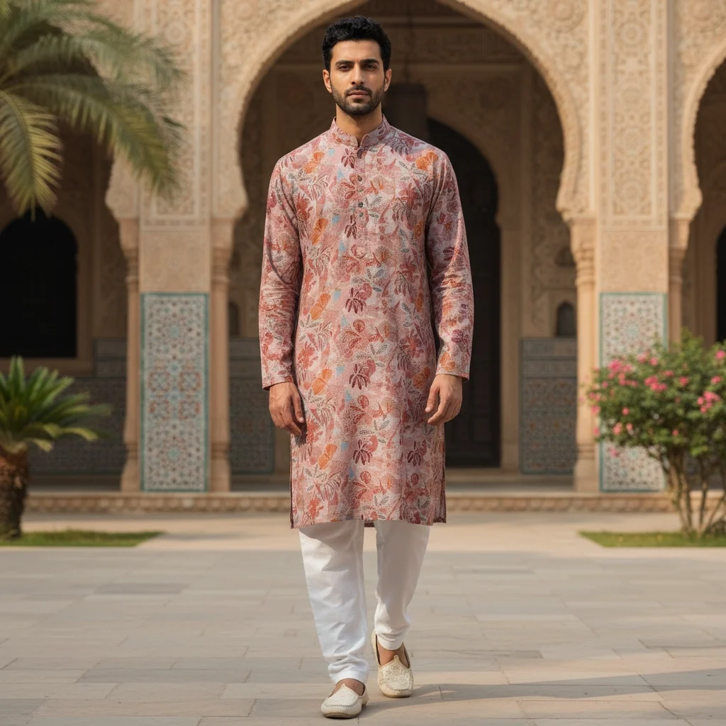 Blush Rosewood Cotton Kurta Fabric with Elegant Floral Print – Pure Cotton Unstitched Kurta Material for Men