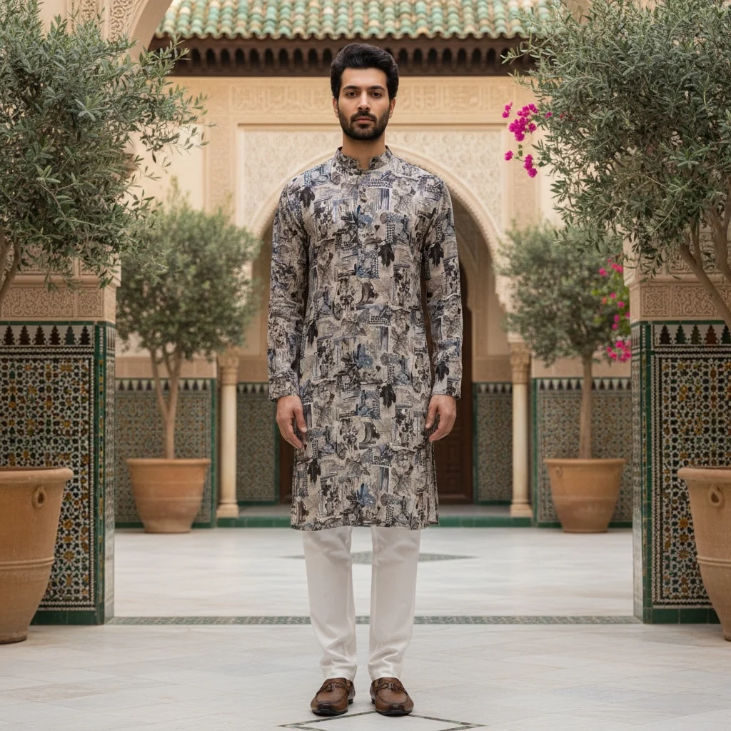 Mocha Brown Cotton Kurta Fabric with Artistic Print and Gold Detailing – Premium Unstitched Kurta Material for Men