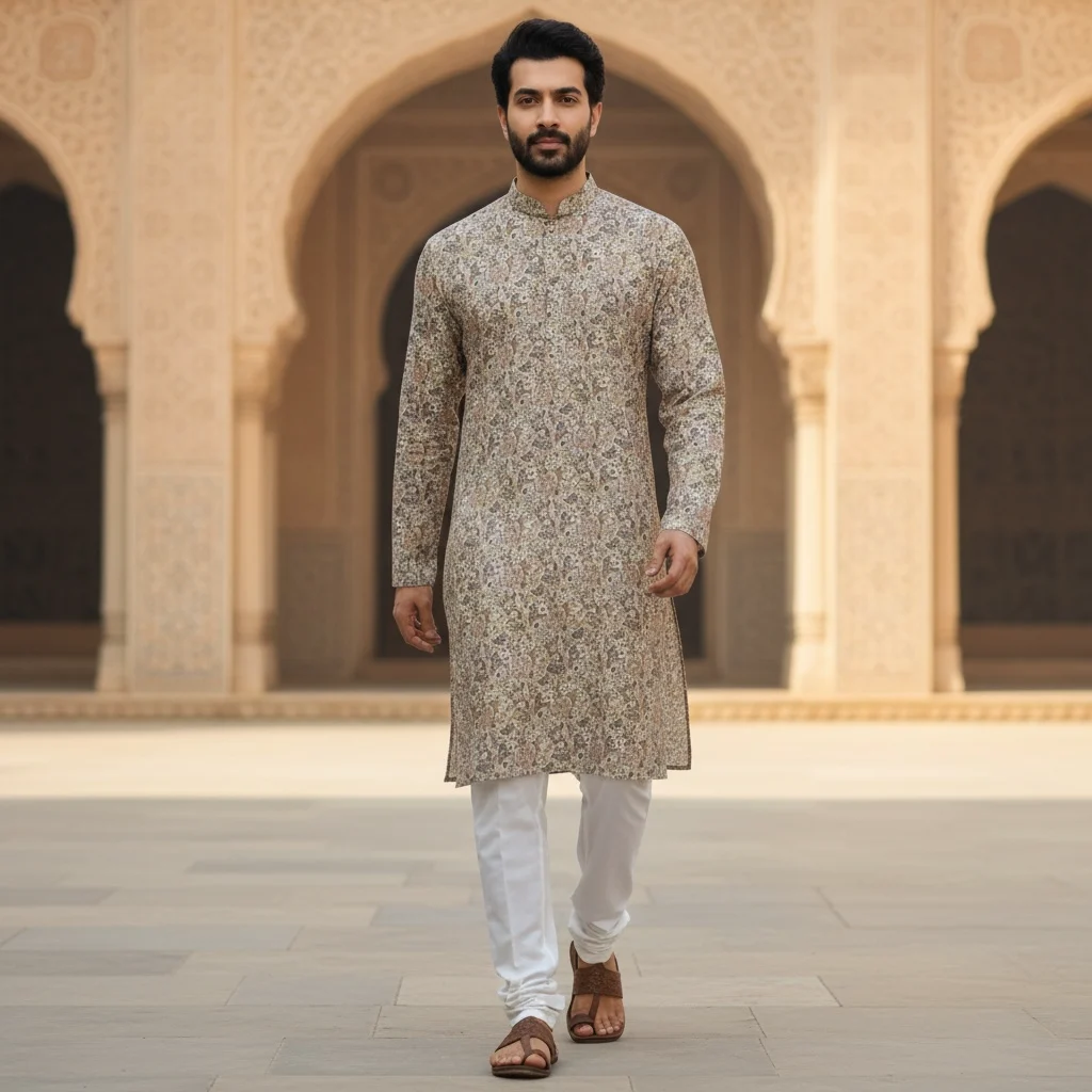 Mushroom Taupe Cotton Silk Kurta Fabric with Elegant Floral Print – Premium Unstitched Kurta Material for Men