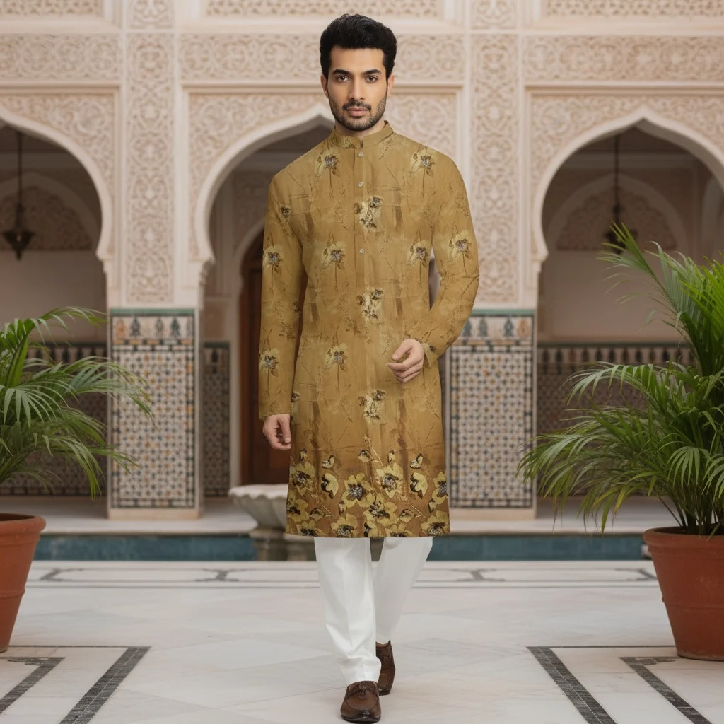 Golden Sandstone Brown Cotton Printed Kurta Fabric – Premium Unstitched Festive Kurta Material for Men