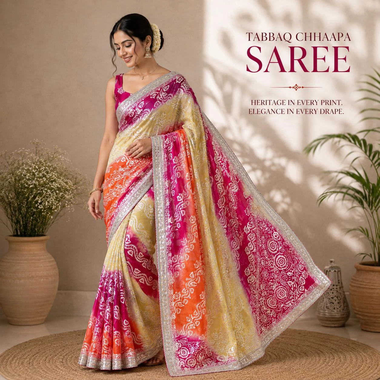 Multicolour Tabbaq Chhaapa Saree with silver zari lace border in georgette fabric