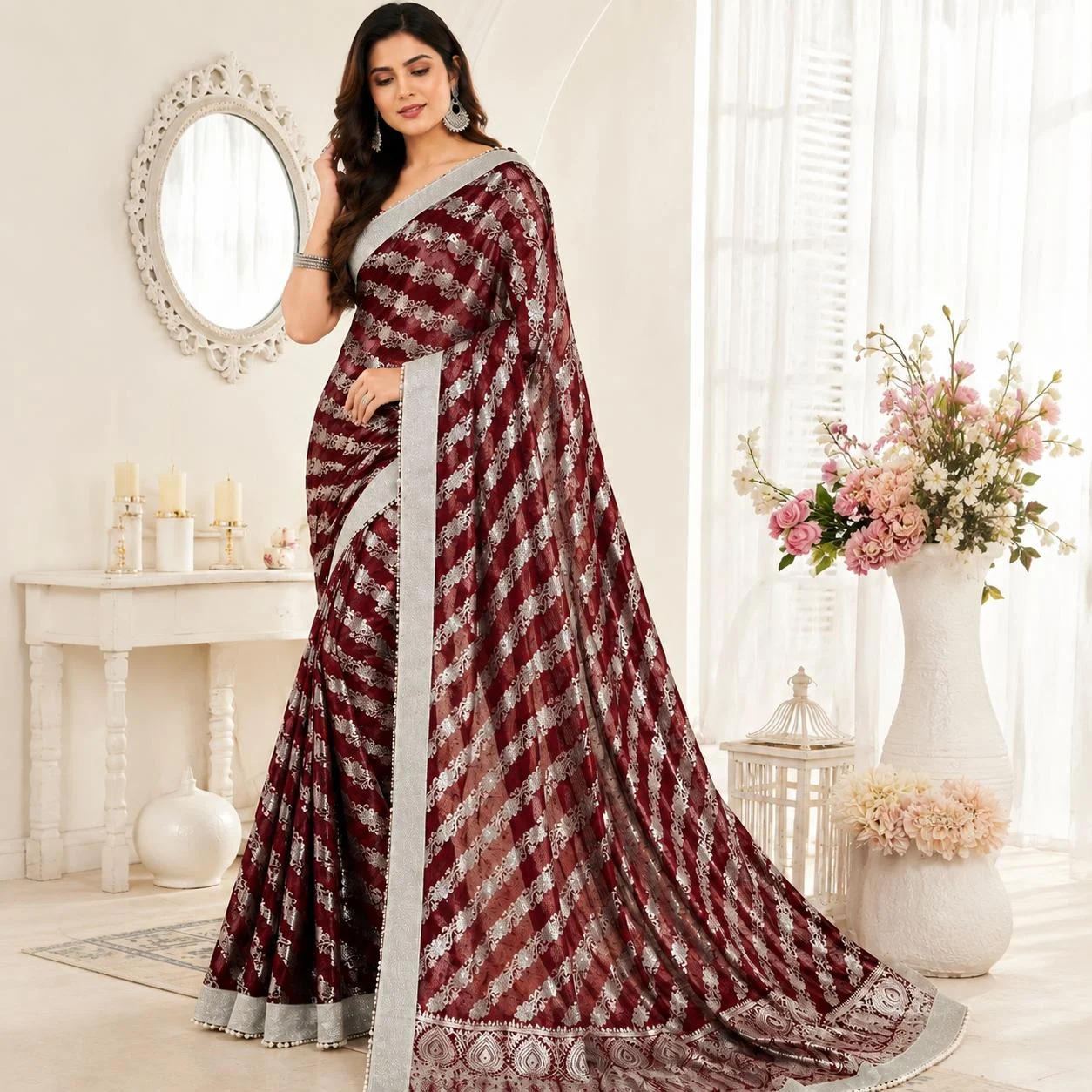 Chhaapa Maroon Net Saree with Silver Lace Border & Pearl Tassels by Chhaapawala