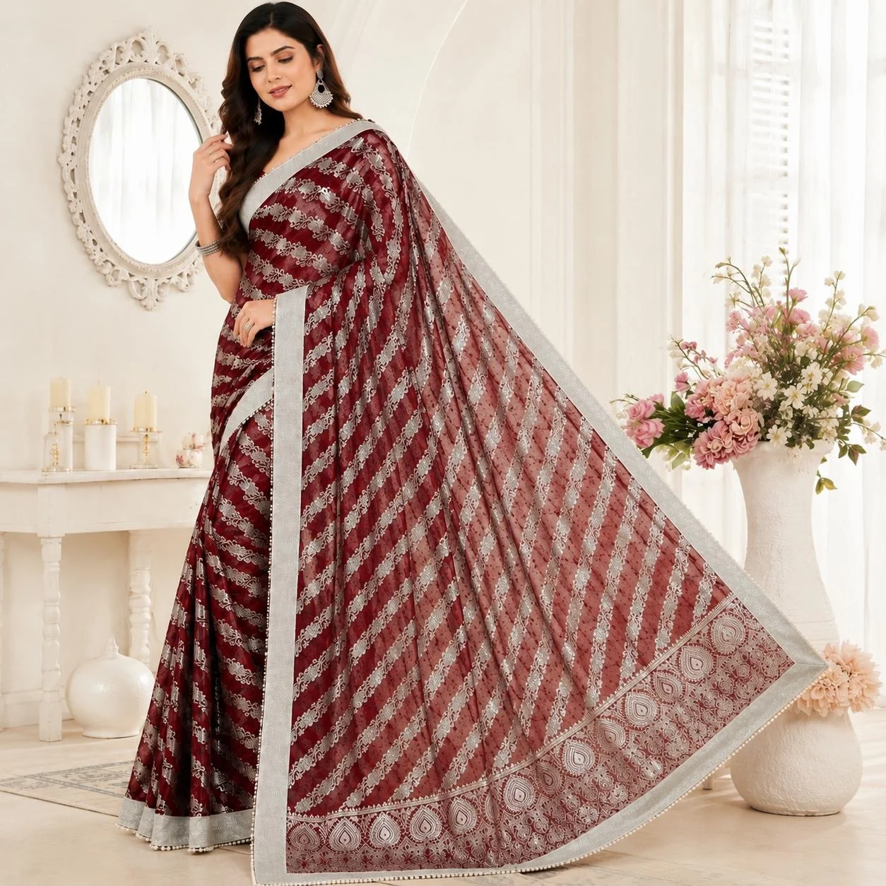 Chhaapa Maroon Net Saree with Silver Lace Border & Pearl Tassels by Chhaapawala