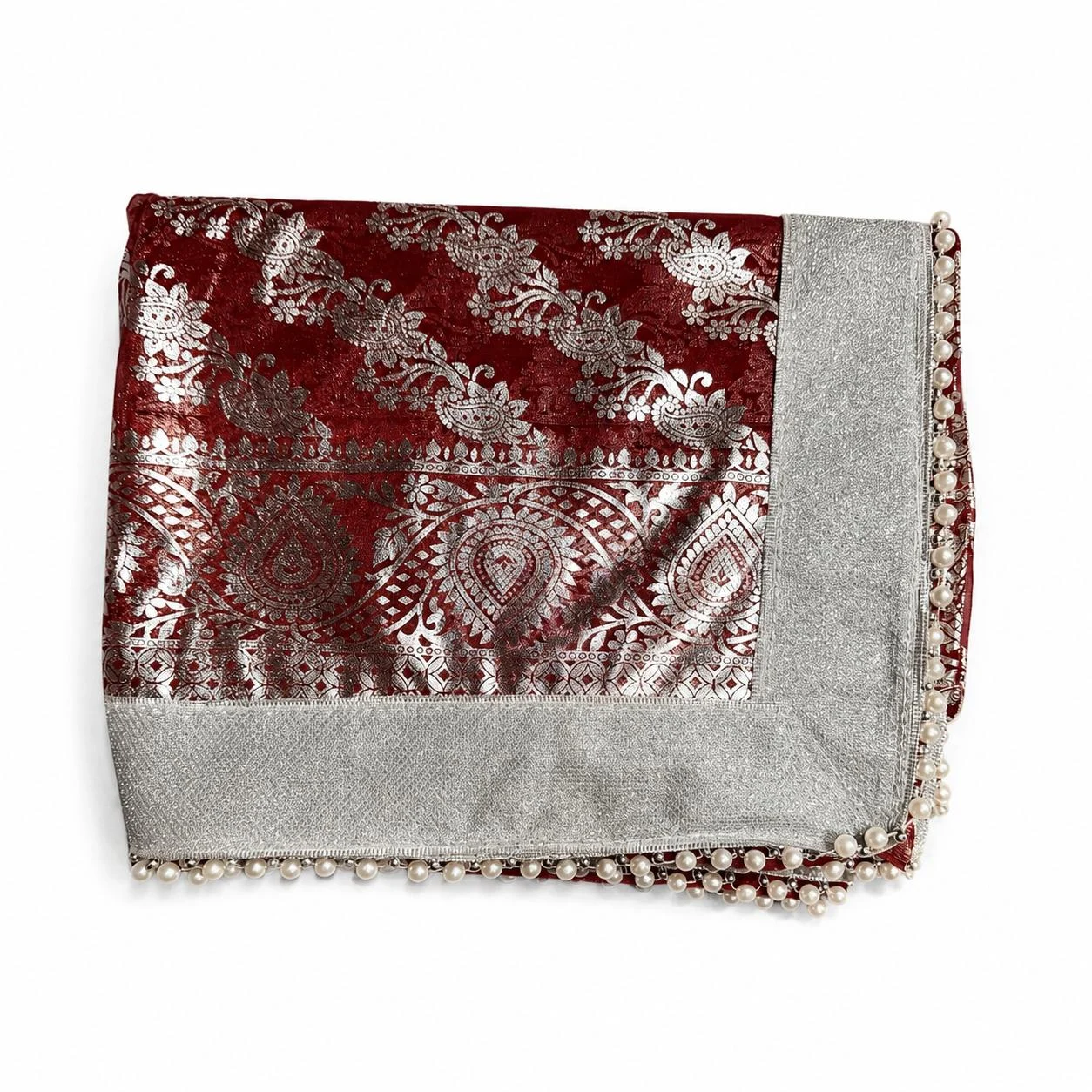 Chhaapa Maroon Net Saree with Silver Lace Border & Pearl Tassels by Chhaapawala
