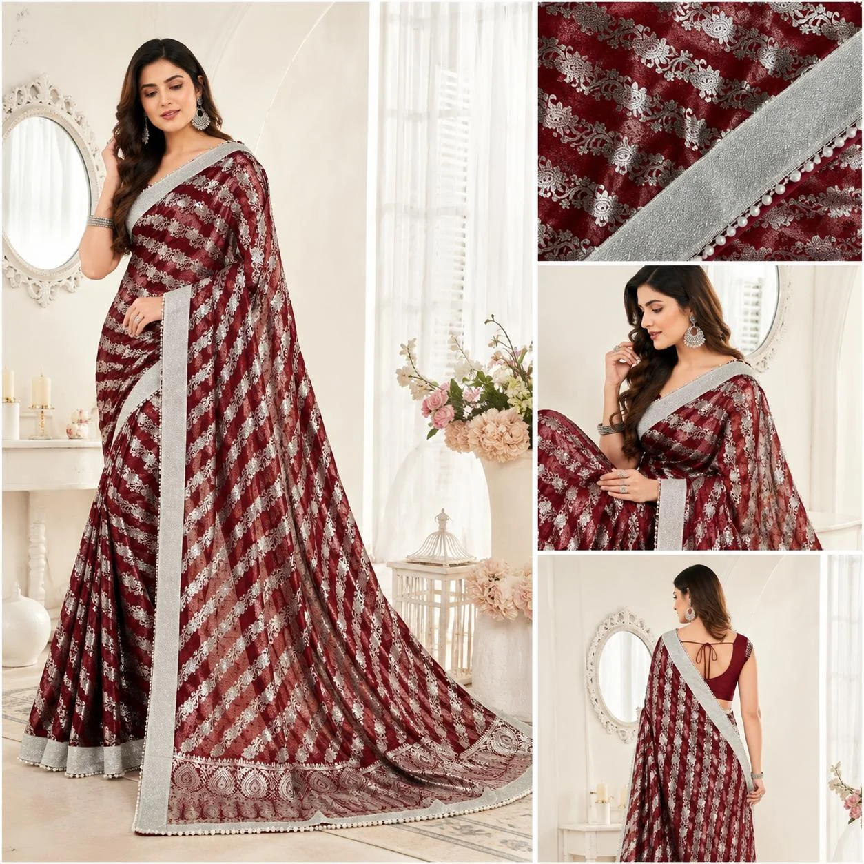 Chhaapa Maroon Net Saree with Silver Lace Border & Pearl Tassels by Chhaapawala Image Title