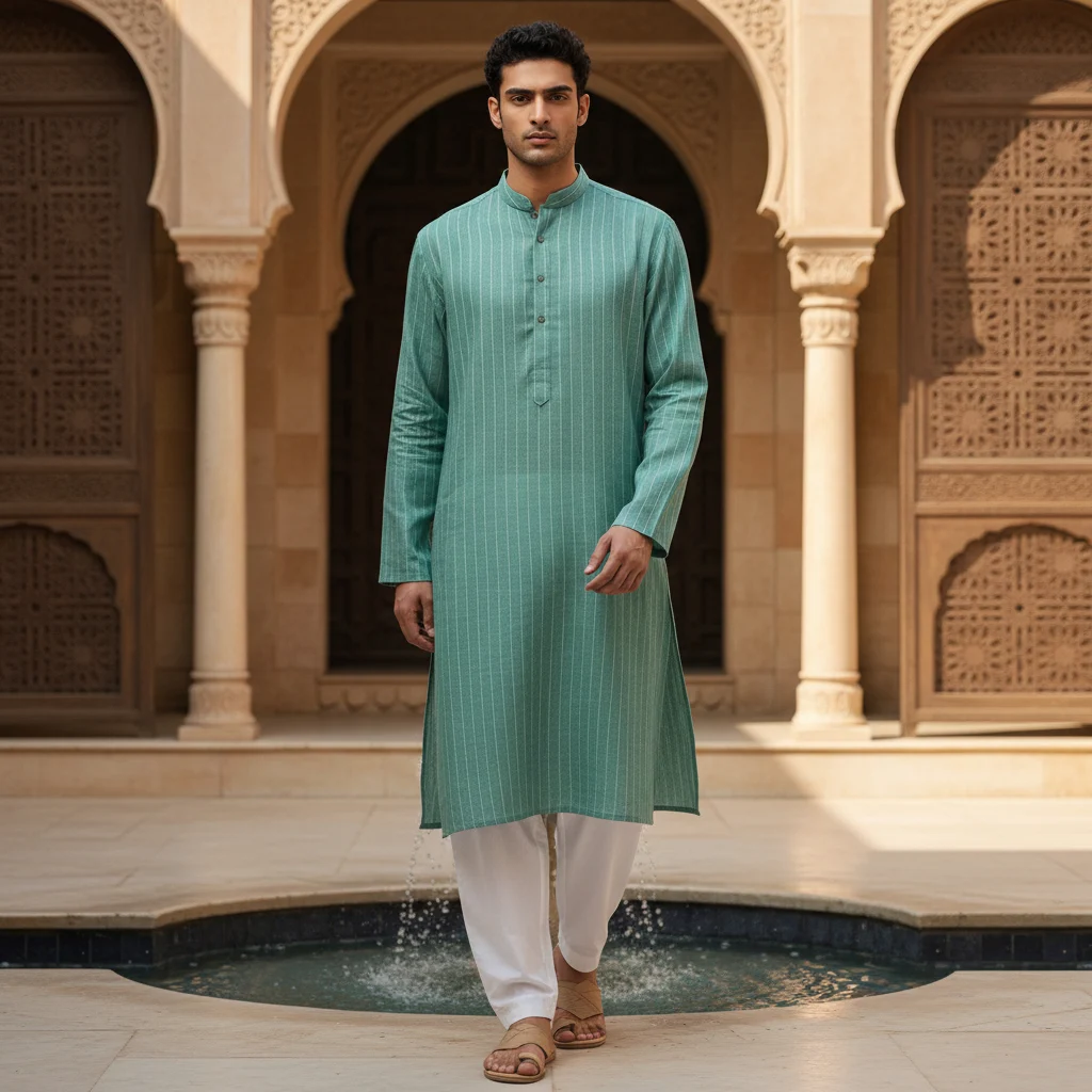 Dusty Sea Green Linen Slub Kurta Fabric – Premium Unstitched Summer Ethnic Wear Material for Men