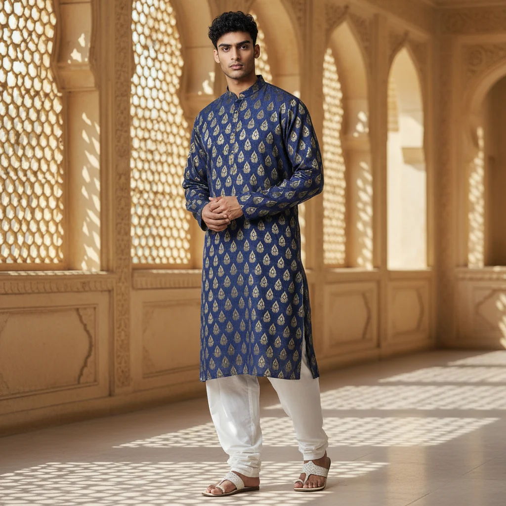 Royal Indigo Blue Pure Cotton Kurta Fabric with Golden Buti Print – Premium Unstitched Festive Wear Material for Men